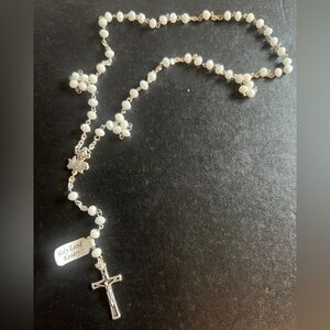 🪽🤍NWT HOLY LAND PEARL WHITE CRYSTAL BEADS & SILVER ROSARY🤍🪽